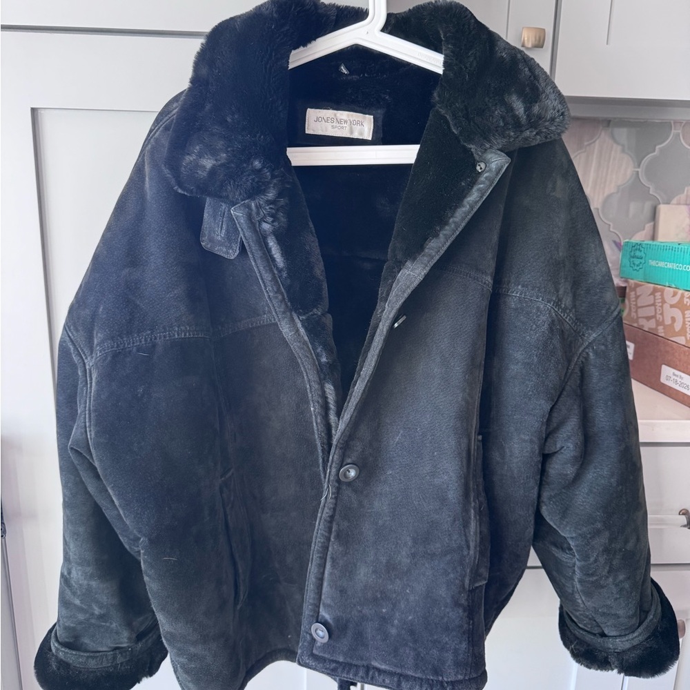 Jones New York Black Shearling Fur Jacket Genuine Leather! EUC!